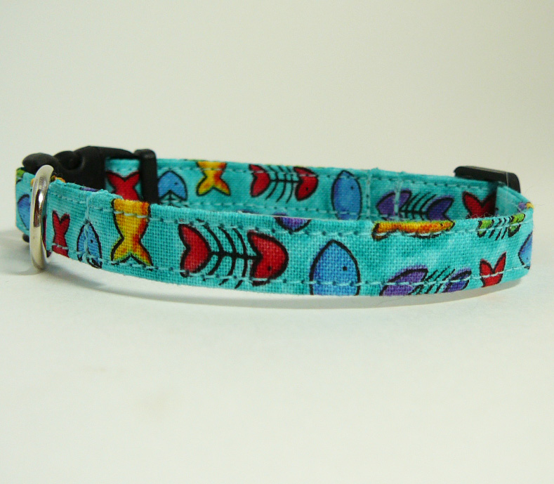 If Wishes Were Fishes (blue) - Cute Cat Or Kitten Collar With Colorful Fish Motif